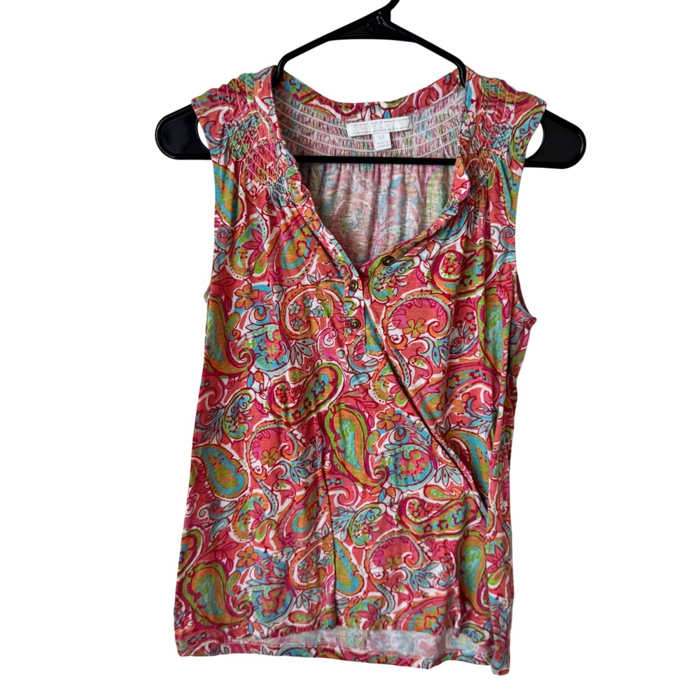 Juniper + Lime‎ Womens Pink Paisley Smocked Sleeveless Henley Blouse Medium